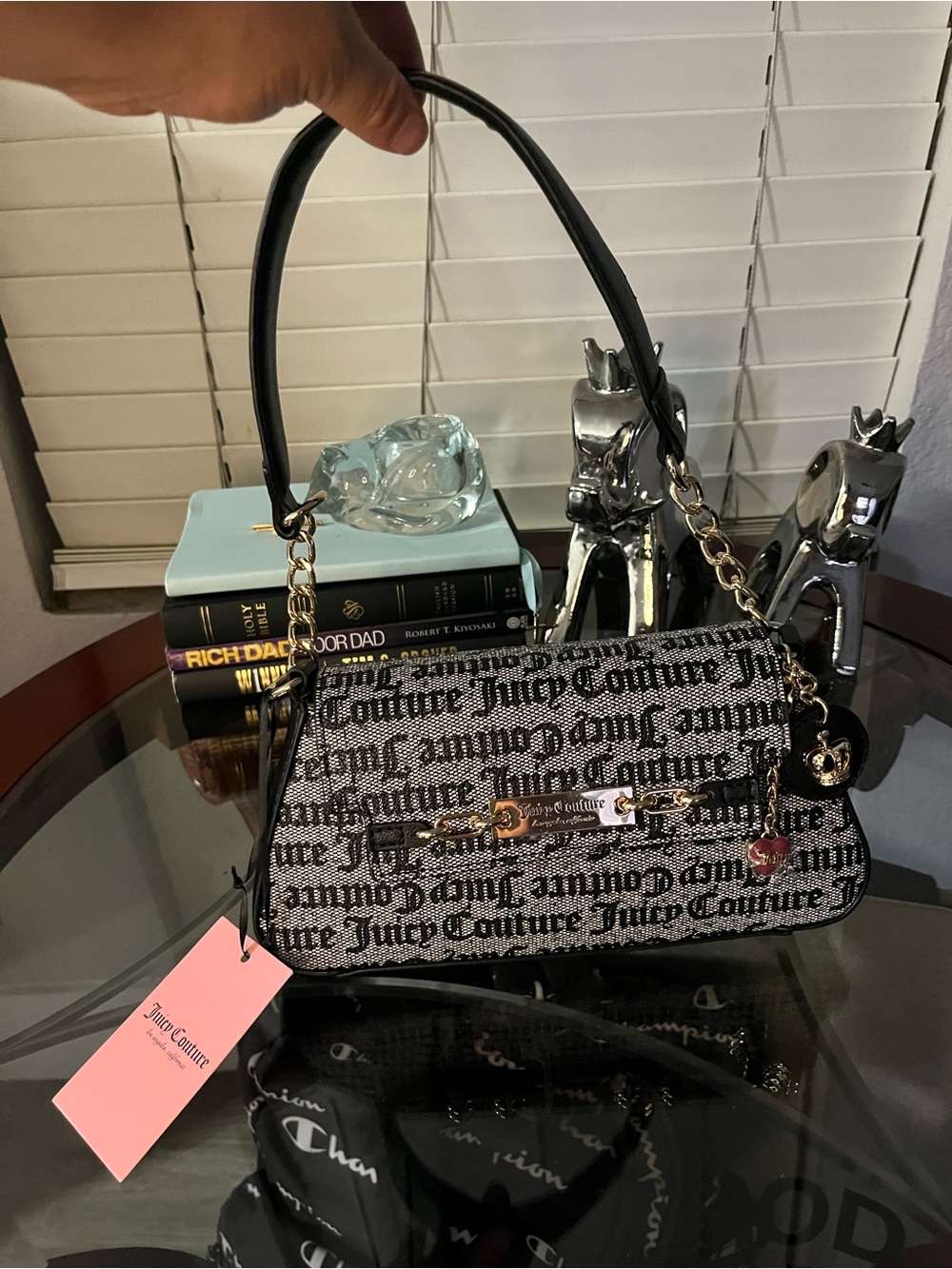 Juicy Couture Black & White Logo Chain-Accent Shoulder Bag